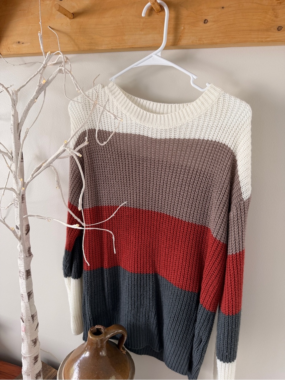 Cozy Colorblock Knit Sweater - Ivory, Taupe, Red, Charcoal